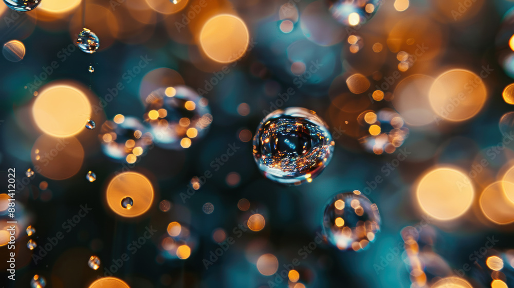 Poster close-up of water droplets suspended in air with bokeh lights in the background, creating a magical 