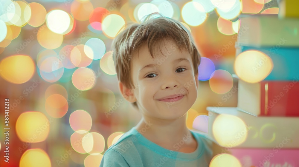 Poster A cheerful boy smiling in front of a stack of books, illuminated by colorful bokeh lights, radiating happiness and curiosity.