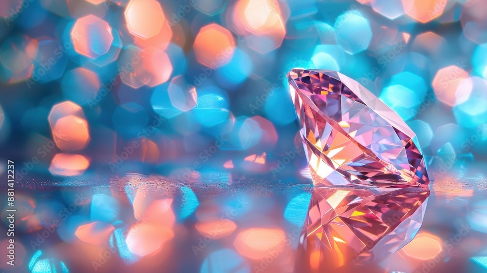 Poster a close-up of a sparkling diamond against a backdrop of colorful bokeh lights, creating a glamorous 