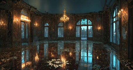 Fototapeta premium beautiful interior of palace house mansion entrance doorway with floral embellishments to balcony terrace and ballroom with tall art deco windows and art nuevo gothic design.
