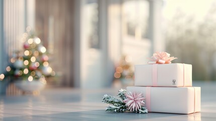 Beautifully wrapped gift boxes with pink ribbons displayed on a table, Christmas tree in the background, holiday season atmosphere.