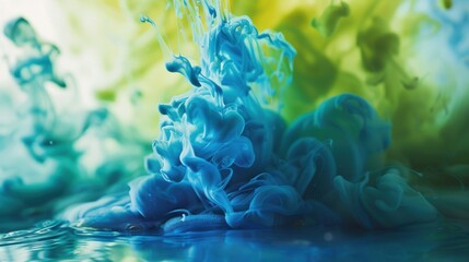 Abstract image of blue and green ink swirling in water, creating a mesmerizing and vibrant visual effect.