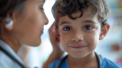 Fototapeta premium A close-up of a doctor examining a smiling child, emphasizing healthcare, trust, and the patient-doctor relationship.