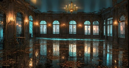 beautiful interior of mansion palace house entrance doorway with floral embellishments to balcony terrace and ballroom with tall art deco windows and art nuevo gothic design.