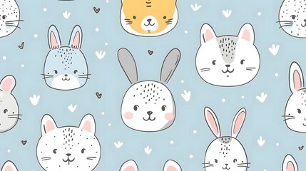 Pattern of cute bunny and cat faces on a light blue background. Hand-drawn illustration seamless pattern. Children's design and nursery decor concept for textile and print
