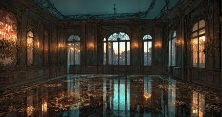 Fototapeta premium beautiful interior of mansion palace house entrance doorway with floral embellishments to balcony terrace and ballroom with tall art deco windows and art nuevo gothic design.