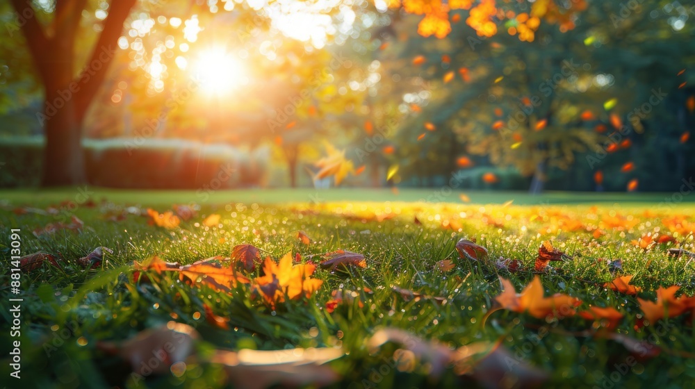 Poster sunlit park with colorful autumn leaves falling gently, creating a warm and inviting fall atmosphere