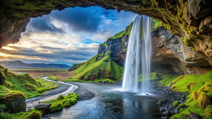 Scenic view of a waterfall in Iceland alongside Route 1