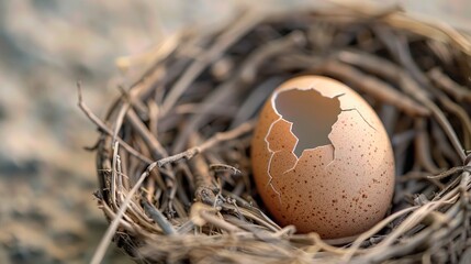 Obraz premium A close-up of a cracked bird s egg in a dry nest, representing the threat to wildlife reproduction caused by global warming, climate change, biodiversity crisis