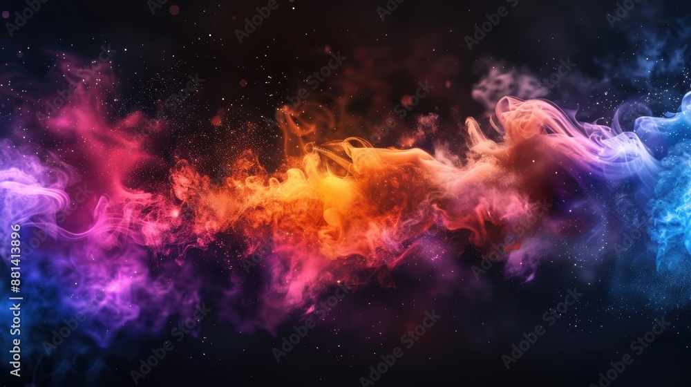 Poster vivid, colorful abstract smoke patterns against a black background, creating a dynamic and mesmerizi