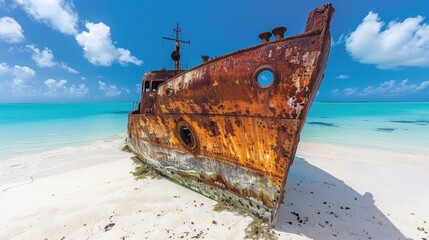Naklejka premium Old, rusty shipwreck resting on a pristine tropical beach with clear blue waters and a bright sky.