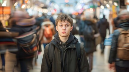Young man standing still amidst a bustling crowd, capturing a moment of stillness and contemplation in the city.