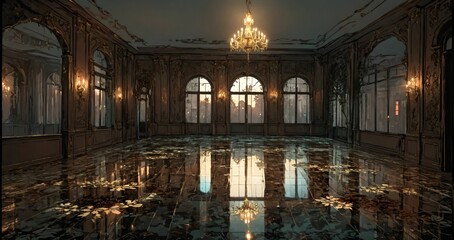 Fototapeta premium beautiful interior of palace house mansion entrance doorway with floral embellishments to balcony terrace and ballroom with tall art deco windows and art nuevo gothic design.