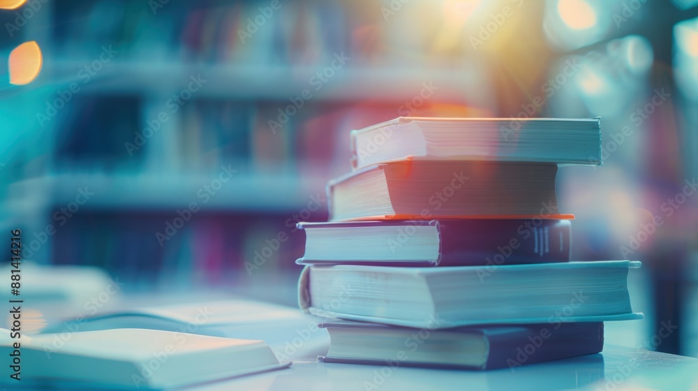 Poster a stack of books on a table in a sunlit library, with a dreamy, soft-focus effect and bokeh lights i