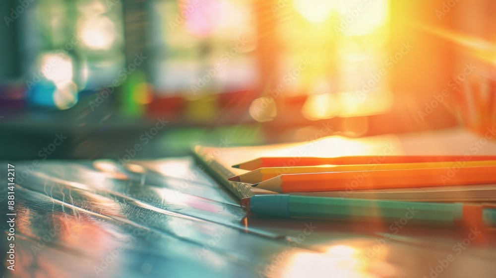 Poster a close-up of colorful pencils and markers on a desk in a sunlit classroom, creating a warm and invi