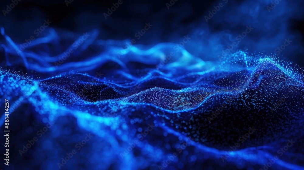 Poster abstract blue neon waves with sparkling particles, creating a mesmerizing and futuristic visual effe