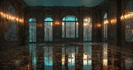 beautiful interior of palace house mansion entrance doorway with floral embellishments to balcony terrace and ballroom with tall art deco windows and art nuevo gothic design.