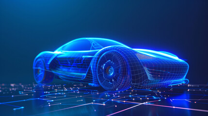 Futuristic 3d rendered x-ray blue transparent sports car wireframe	
