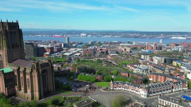 Aerial View of Historical and Modern British City Centre of Liverpool,  The Maritime city in northwest England, United Kingdom. May 5th, 2024