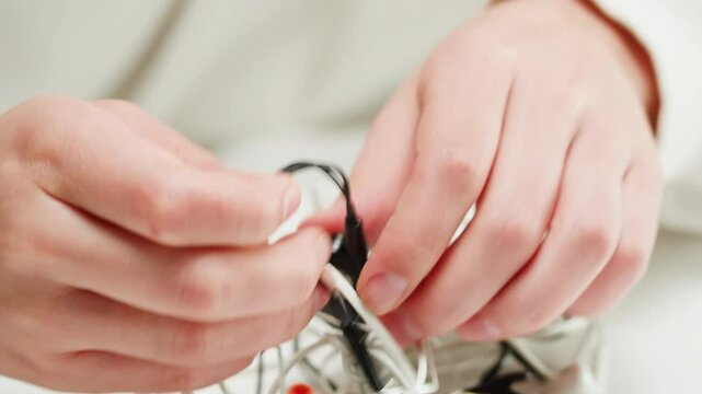Young woman trying to untangle the headphones close-up. Tangled wires on table. Trying to untangle many messy cables