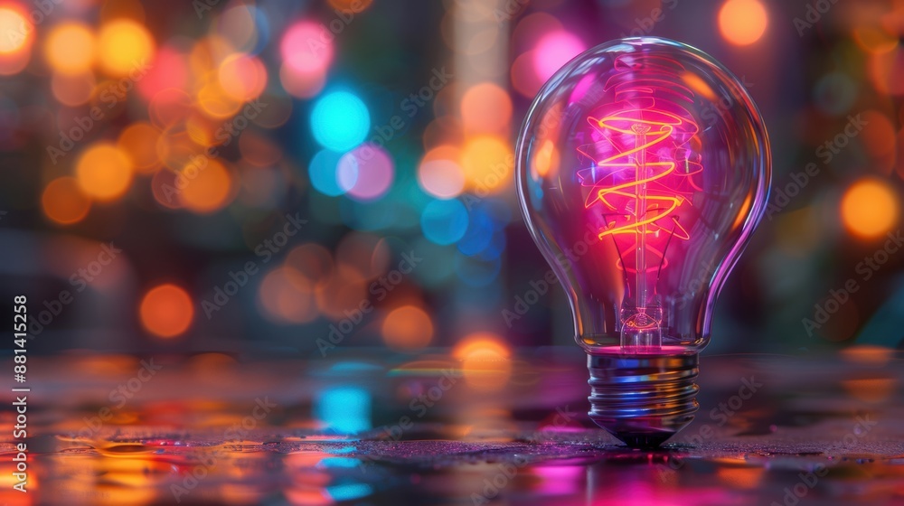 Poster close-up of an illuminated light bulb with a colorful bokeh background, creating a festive and vibra