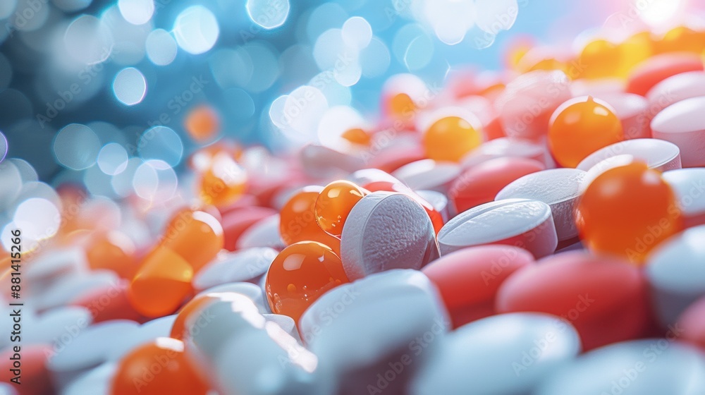 Poster close-up of various colorful pills and capsules with a bright bokeh background, representing medicat