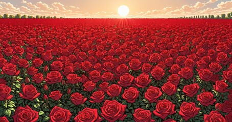 endless field of roses red on sunny day in the countryside rural nature fields and meadows. valley of flowers and plants.