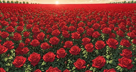 endless field of roses red on sunny day in the countryside rural nature fields and meadows. valley of flowers and plants.