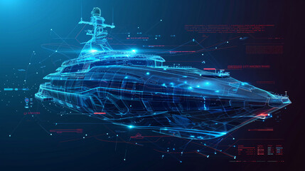 Side View of futuristic military ship blue wireframe. 3d rendered xray blue transparent ship wire frame	