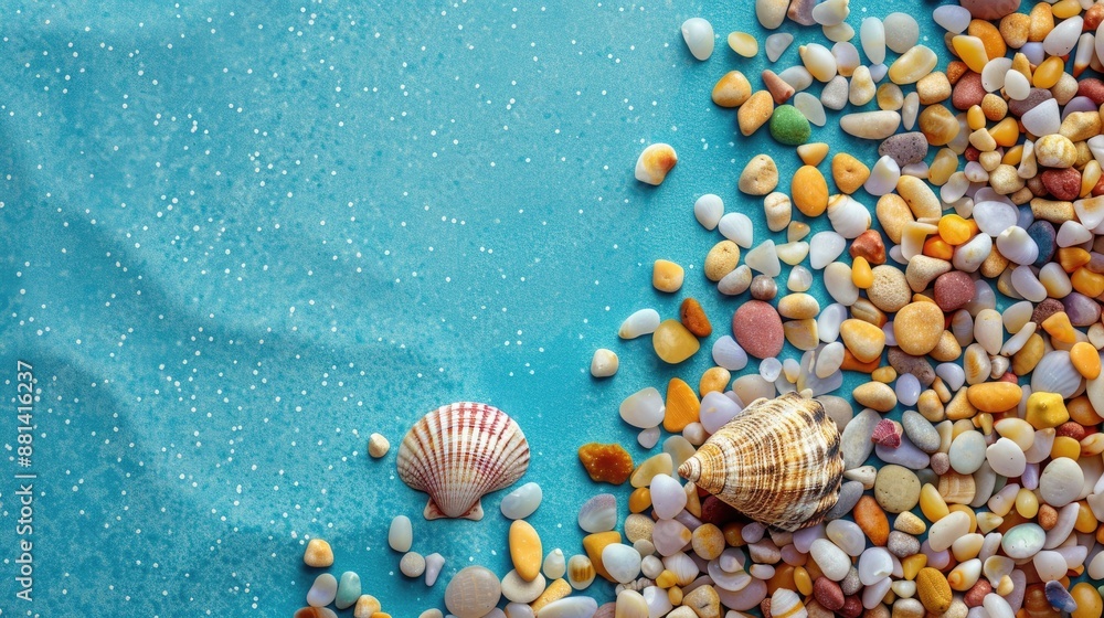 Poster template with seashell on colorful pebbles against blue backdrop for summer message