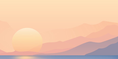Minimalistic seascape, stylized sea sunset, setting sun, vector illustration