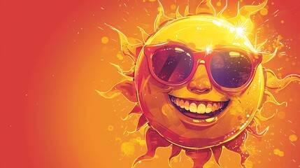 A vibrant illustration of a smiling sun wearing sunglasses, radiating joy and warmth against a bright orange background.