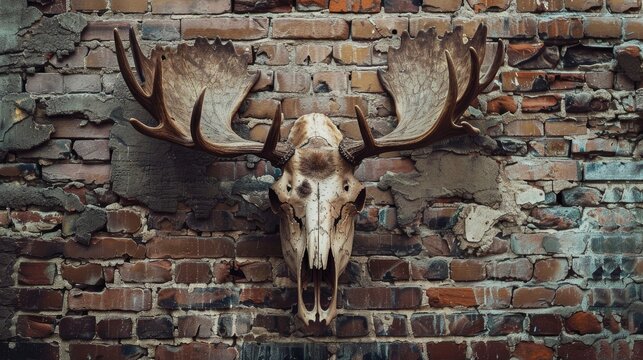 Halloween concept with eerie moose skull on brick wall background