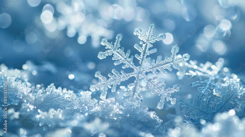 Aufkleber macro shot of intricate snowflakes on a blue background, showcasing their unique patterns and sparkl