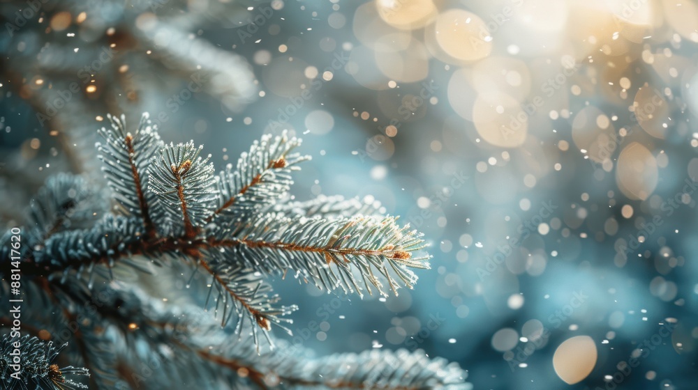 Aufkleber close-up of a frosty pine branch during a gentle snowfall, with sparkling bokeh lights creating a ma