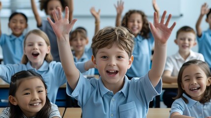 Photo-realistic picture of a classroom with students learning sign language, celebrating World Sign Language Day, high resolution, deep depth of field, no dust, educational and inspiring