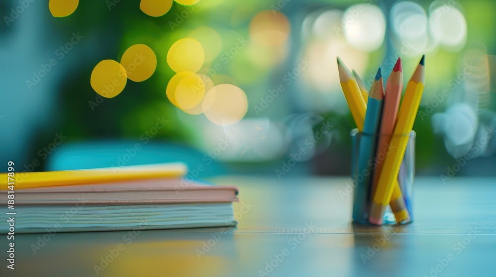 Poster a collection of colorful pencils in a holder and stacked notebooks on a desk, with a blurred backgro