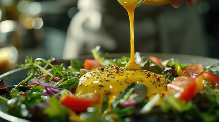 A vibrant fresh salad being drizzled with vinaigrette dressing, featuring a mix of greens, tomatoes, and other colorful vegetables.