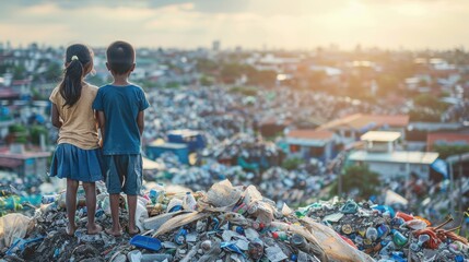 Two children standing on a garbage pile, overlooking a polluted area at sunset, highlighting environmental issues and poverty.