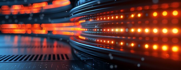 Fototapeta premium Close-up of futuristic server racks with vibrant LED lights and advanced technology, representing data center and internet infrastructure.
