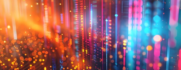 Obraz premium Colorful abstract light background with dynamic vibrant dots and lines creating a futuristic digital aesthetic in technology and communication.