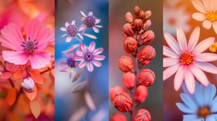 Obraz premium A vibrant collage of various colorful flowers, showcasing their beauty and diversity in close-up detail.