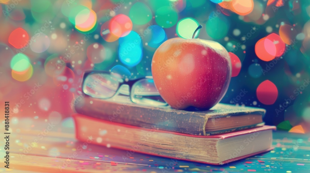 Poster a red apple resting on a stack of books next to glasses with vibrant bokeh lights in the background.
