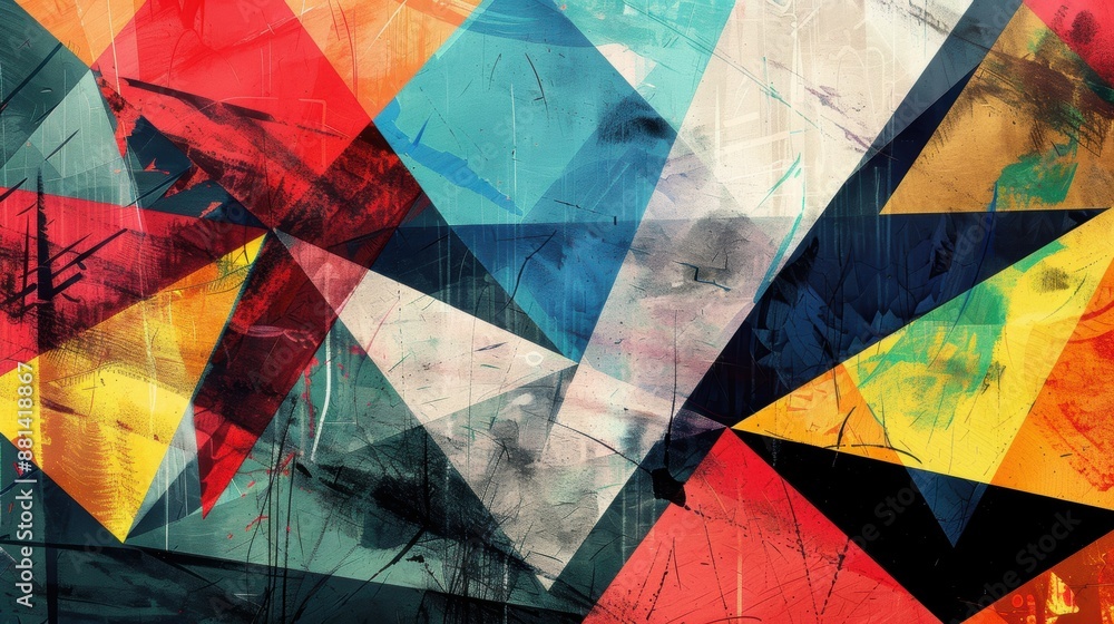 Poster a vibrant abstract artwork featuring geometric shapes and bold colors, creating a dynamic and energe