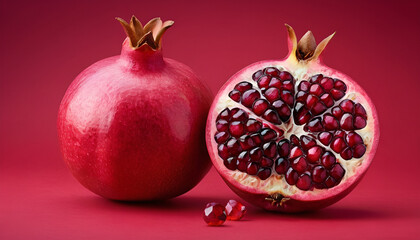 pomegranate fruit isolated in a red solid color background