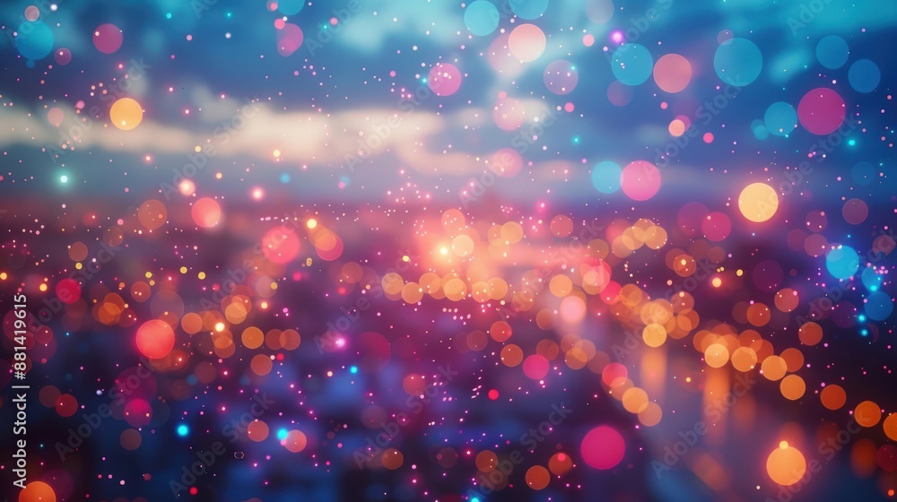 Poster vibrant bokeh lights in various colors floating against a twilight sky, creating a dreamy and festiv