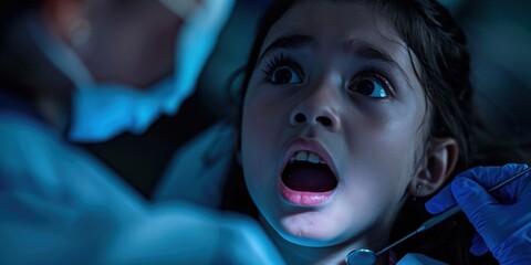 A scared child at the dentist's office, with a dentist examining her mouth, highlighting anxiety and fear.