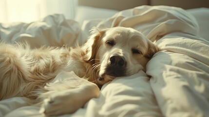 Golden Retriever dog sleeping peacefully in a cozy bed, radiating comfort and tranquility in a home setting.