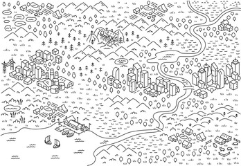 Vector Illustrations of isometry modern city. Area map sketch. Mountain river and village. Vector editable outline line stroke.
