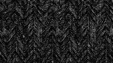 Seamless dark black and grey herringbone tweed textile texture background. Closeup of realistic tileable mottled distressed woolen striped zigzag fabric pattern. High resolution 3D rendering backdrop.